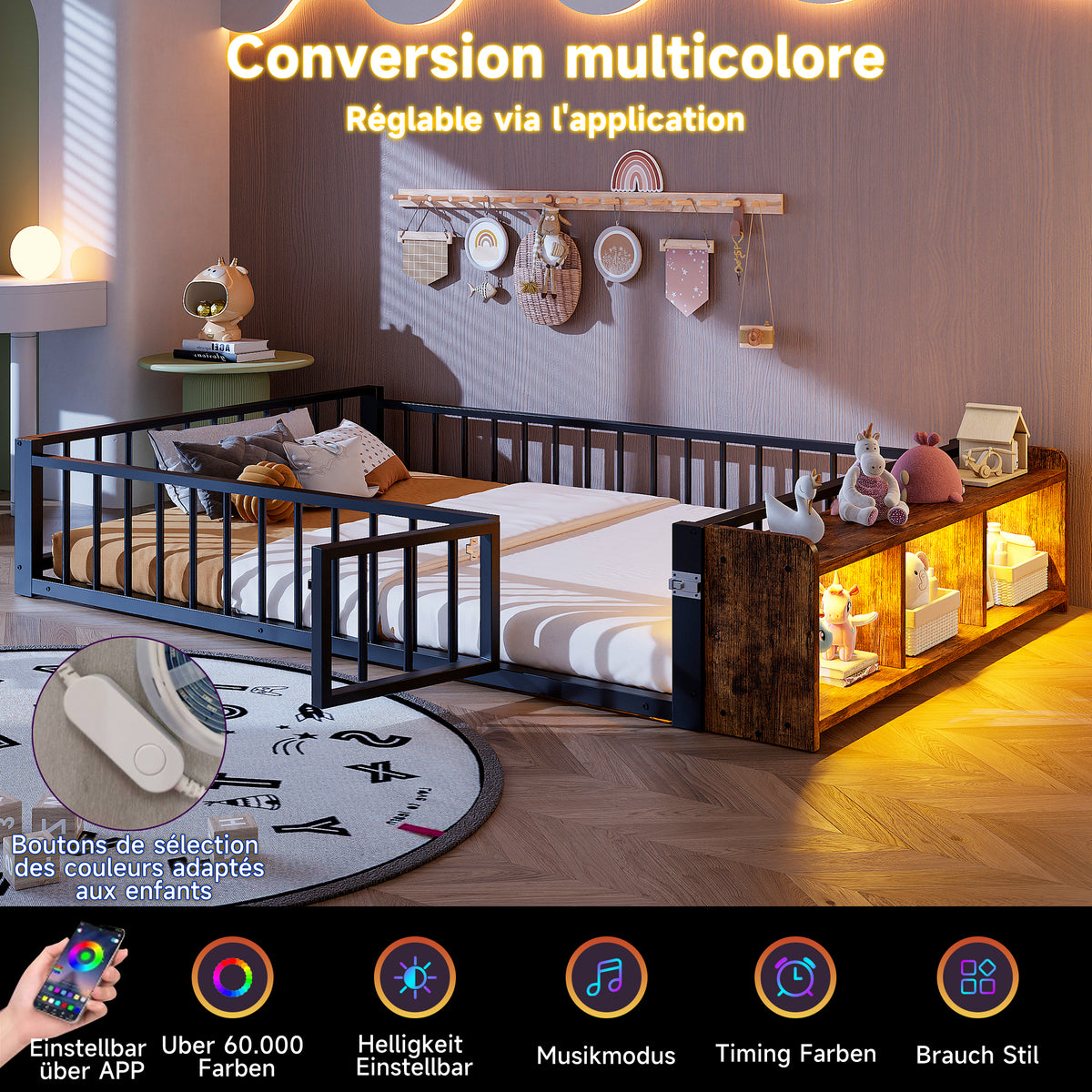 Metal Flatbed 140x200 cm with Lockers & LED Lights, Black