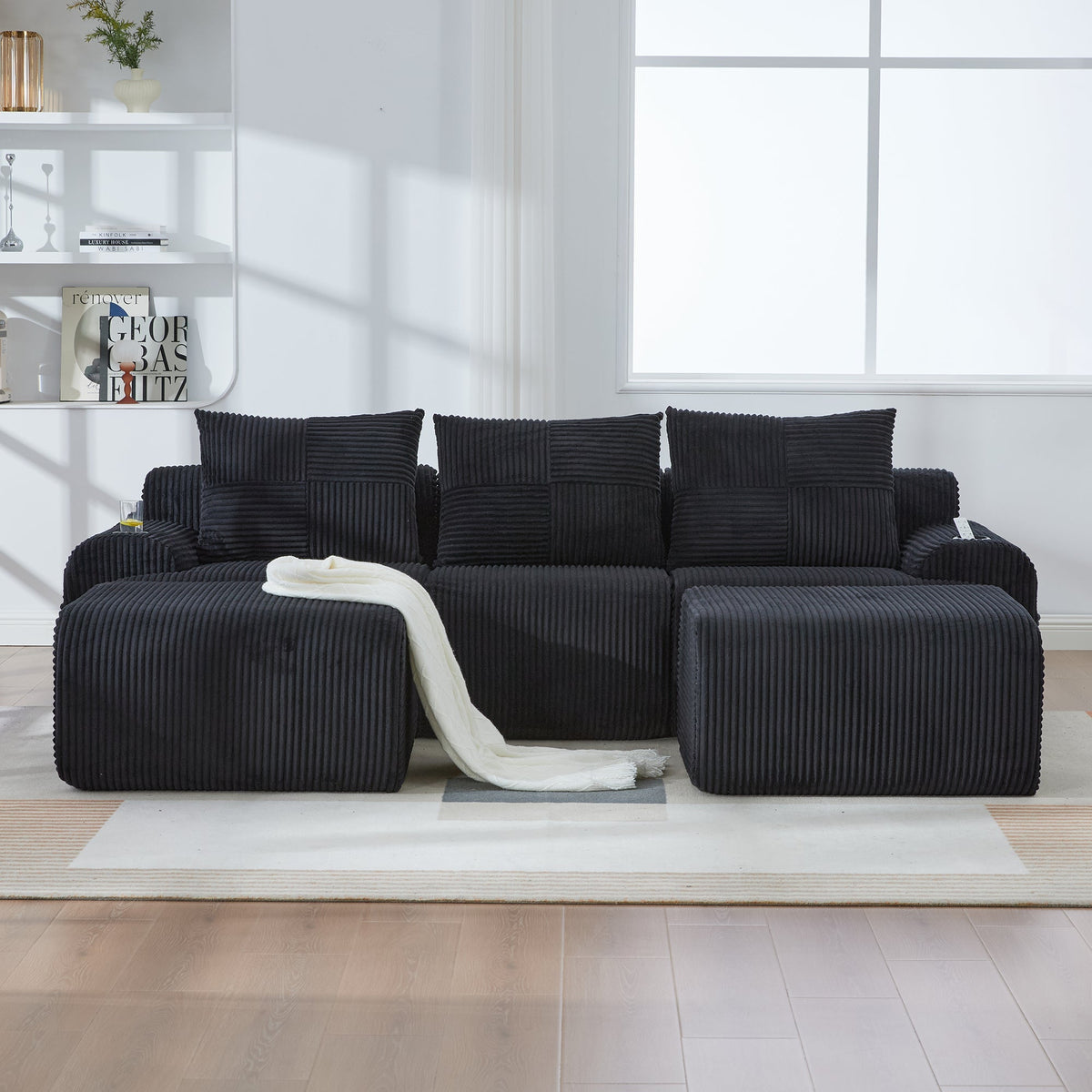 Modular Sofa - 3-Seater with 2 Ottomans, Modular, Cup Holders, Storage - Black Corduroy