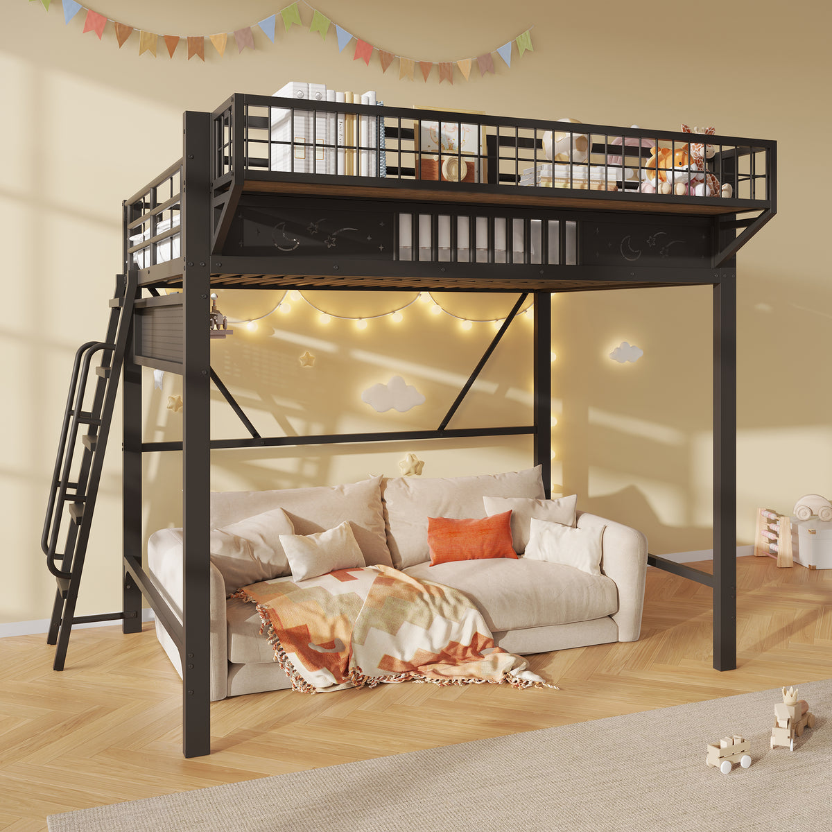 Loft Bed 140x200 cm with Storage Compartments, Black Metal