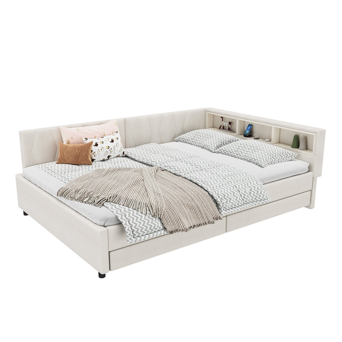 Daybed Sofa Bed 140x200cm Storage USB/Type-C LED 2 Drawers - Linen Beige