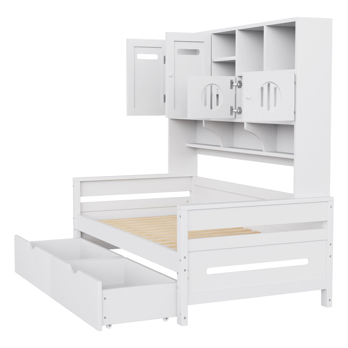 Wooden Sofa Bed, 90x200cm Multifunctional with Large Drawer & Slatted Frame, White