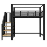 Metal Loft Bed 90x200cm with Canopy, Desk & Storage Steps, Black