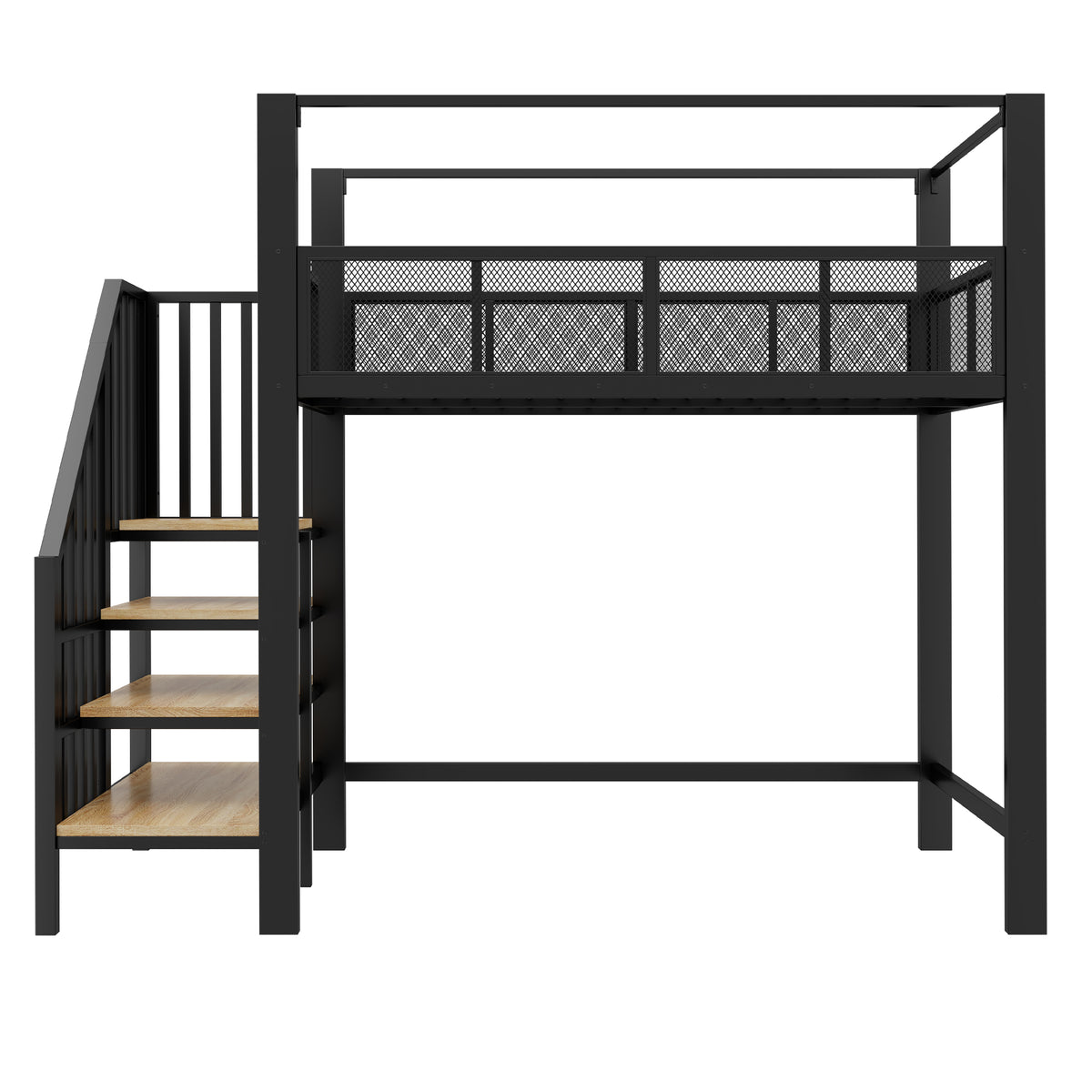 Metal Loft Bed 90x200cm with Canopy, Desk & Storage Steps, Black