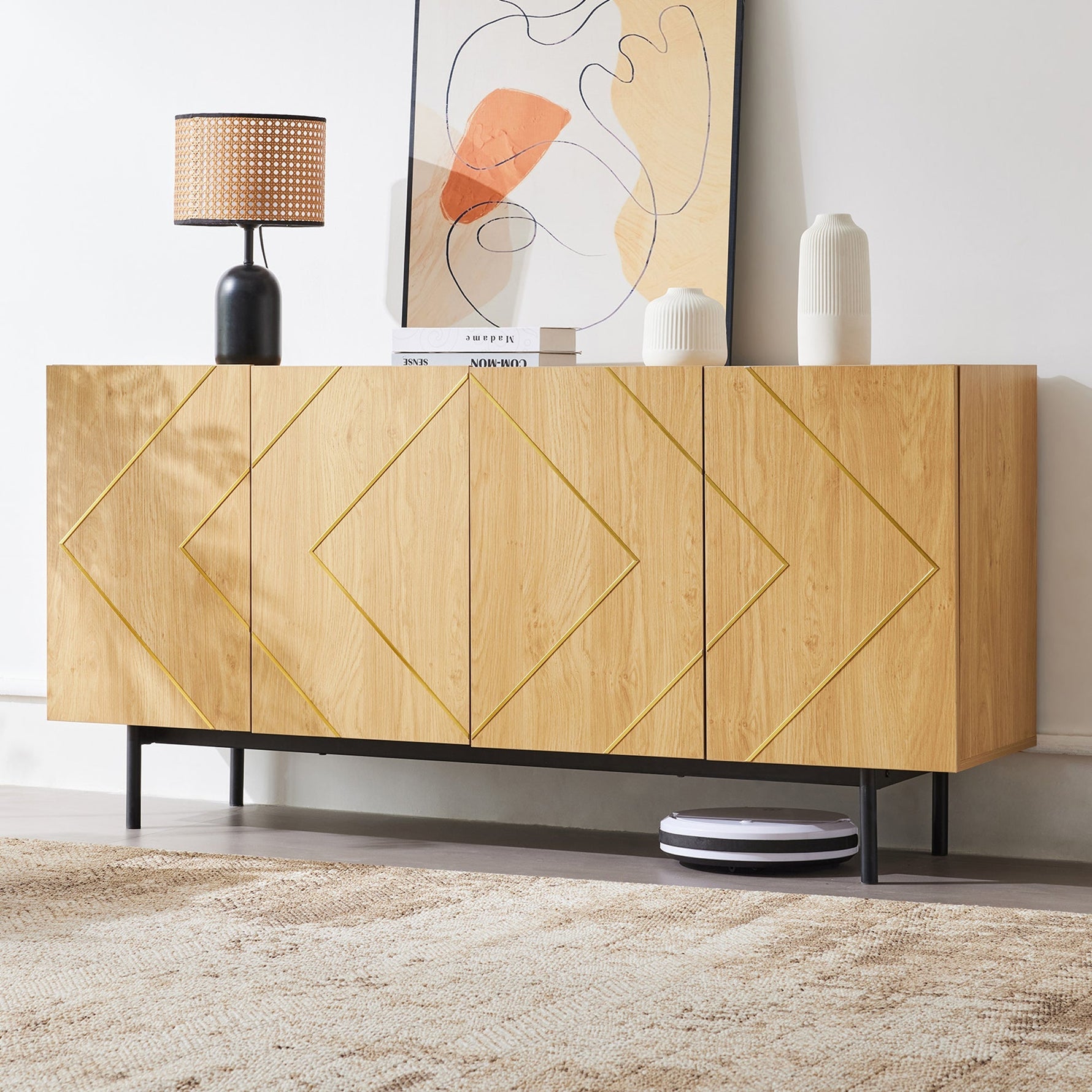 Sideboard living room buffet cabinet with 4 doors and metal inlay natural wood
