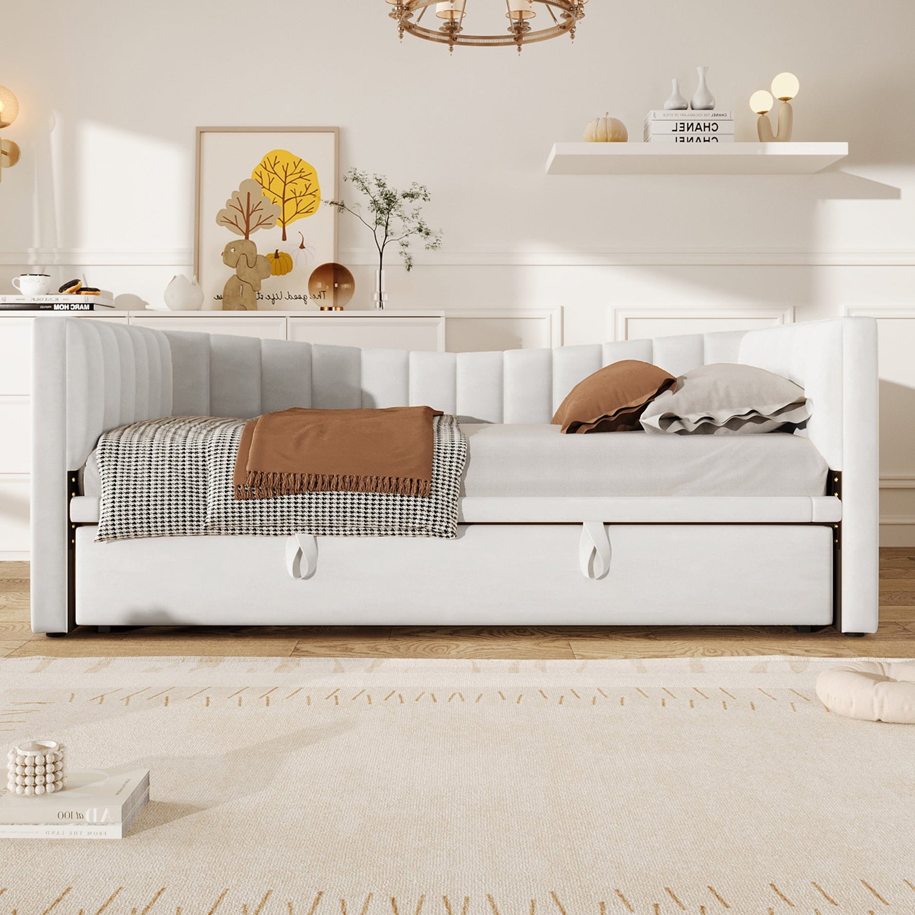Upholstered Daybed Pull-Out Bed 90x200cm Extendable to 180x200cm Velvet White