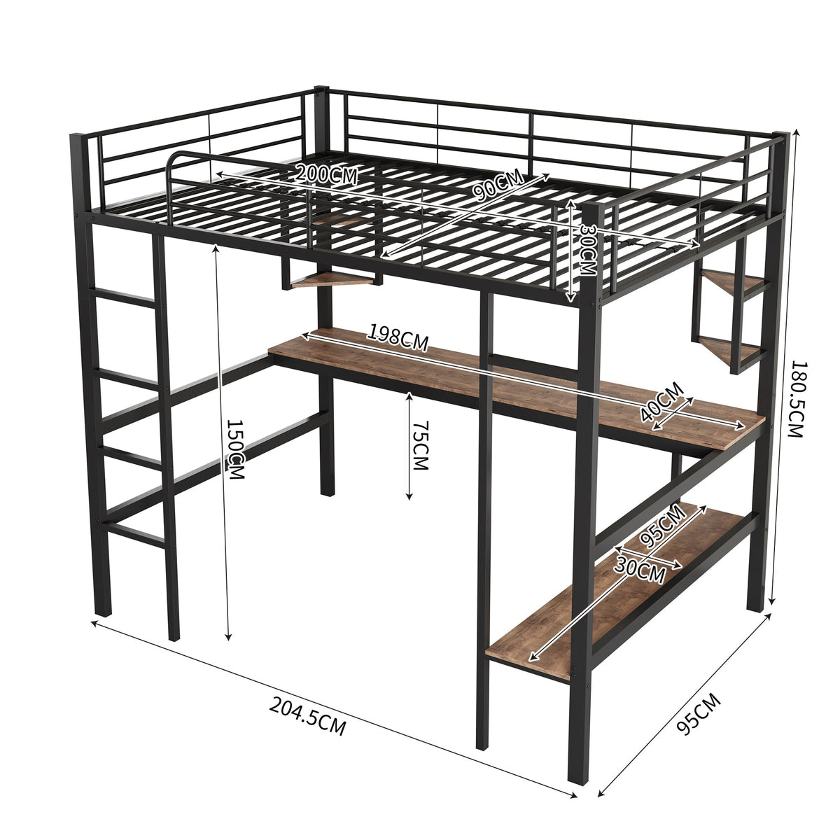 Loft Bed 90x200cm Metal Frame Desk & Bookcase - Black