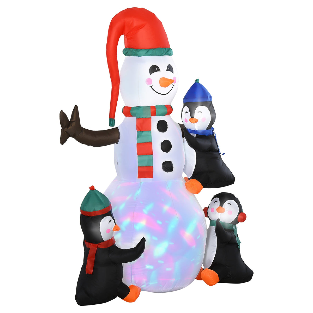 Inflatable Snowman with 3 Penguins, LED Lighting, Polyester