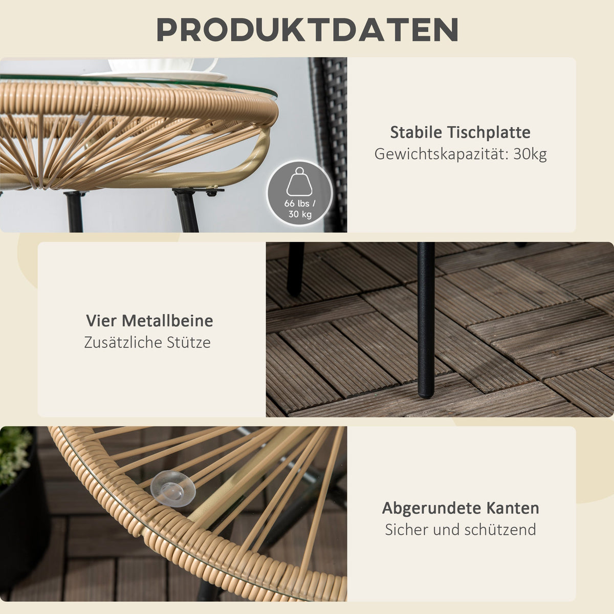 Bistro Table, Round Garden Side Table 50cm, Rattan Black+Beige