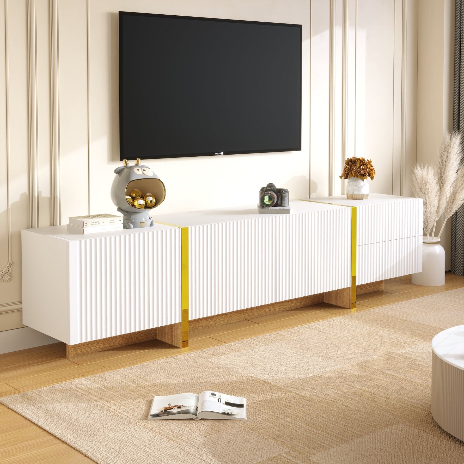 TV Cabinet, 190cm 3 Doors 2 Drawers, White with Gold & Wood Grain
