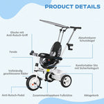 6-in-1 children's tricycle with push bar, roof, belt, storage basket, white