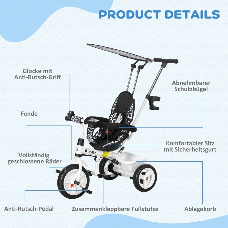 6-in-1 children's tricycle with push bar, roof, belt, storage basket, white