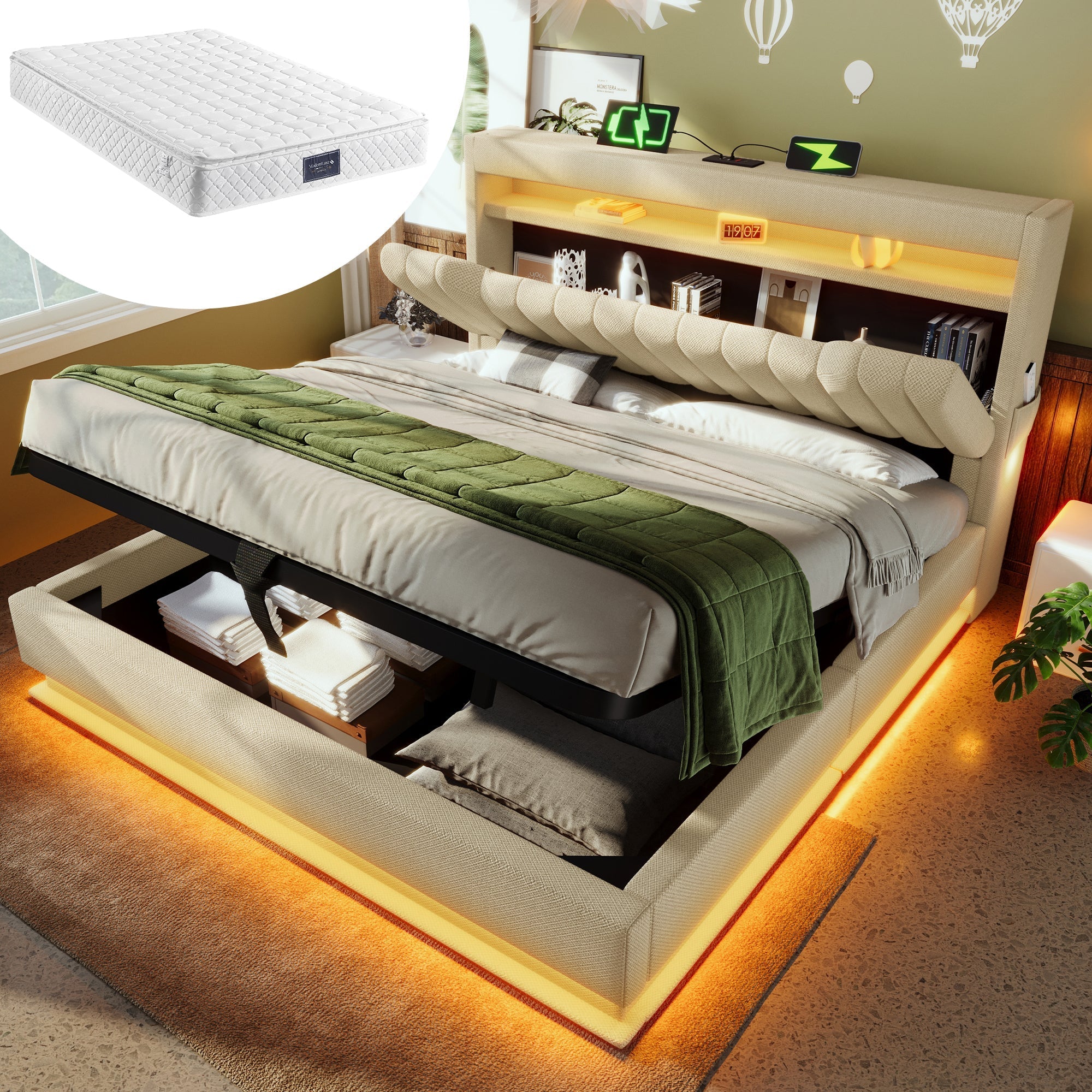 Upholstered Double Bed 160x200cm Hydraulic Storage LED Headboard USB Type-C Beige Linen