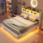 Upholstered Bed, 160*200, Multifunctional Storage, LED Light, USB and Type-C Interface, Beige Linen Fabric
