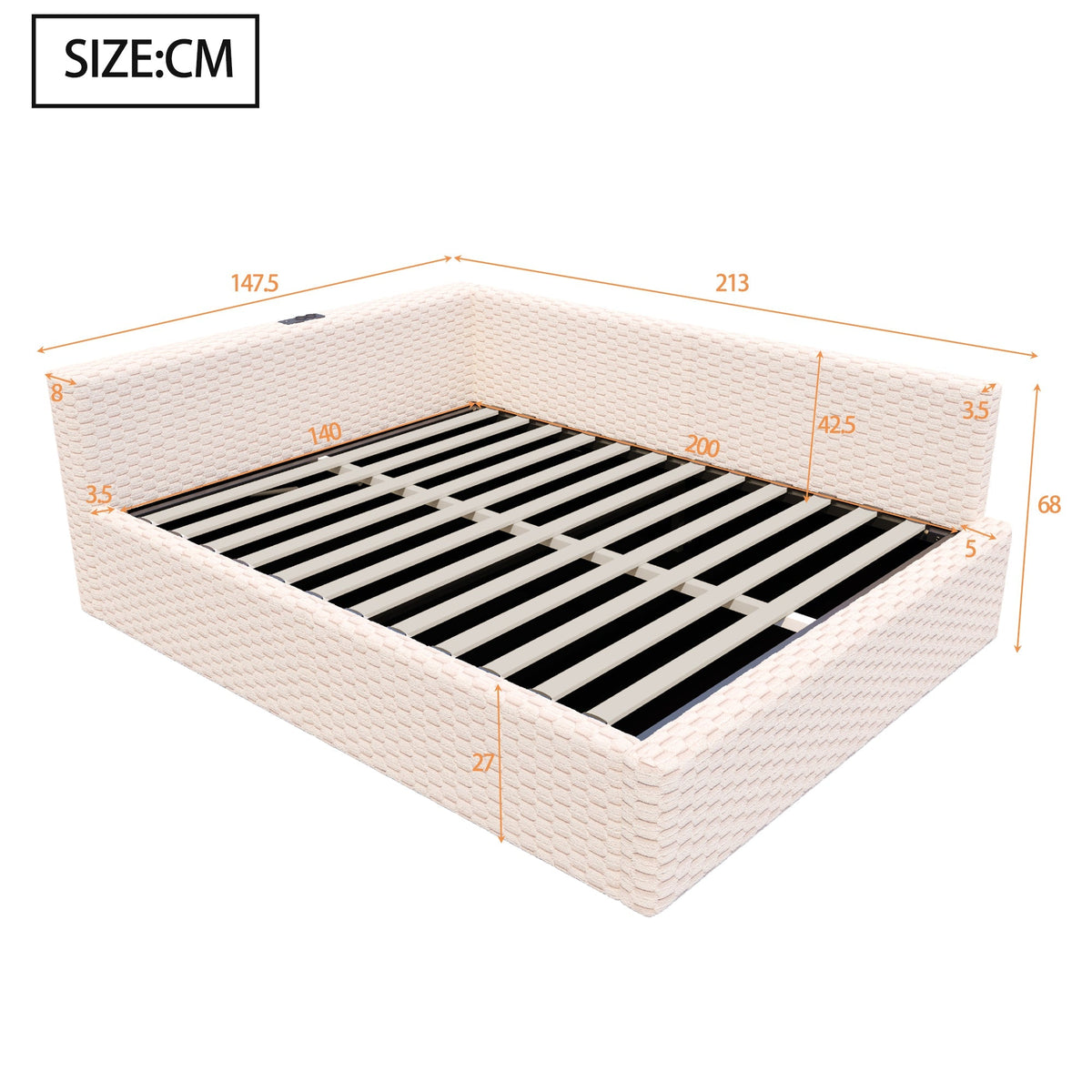 Upholstered Bed 140x200cm with LED, USB, L-Shaped Backrest and Hydraulic Frame, Beige Velvet