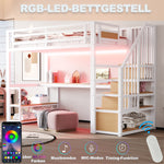 Metal Loft Bed with LED Light, Power Socket, Storage Ladder, Shelves and Desk, 90x200cm, White Metal