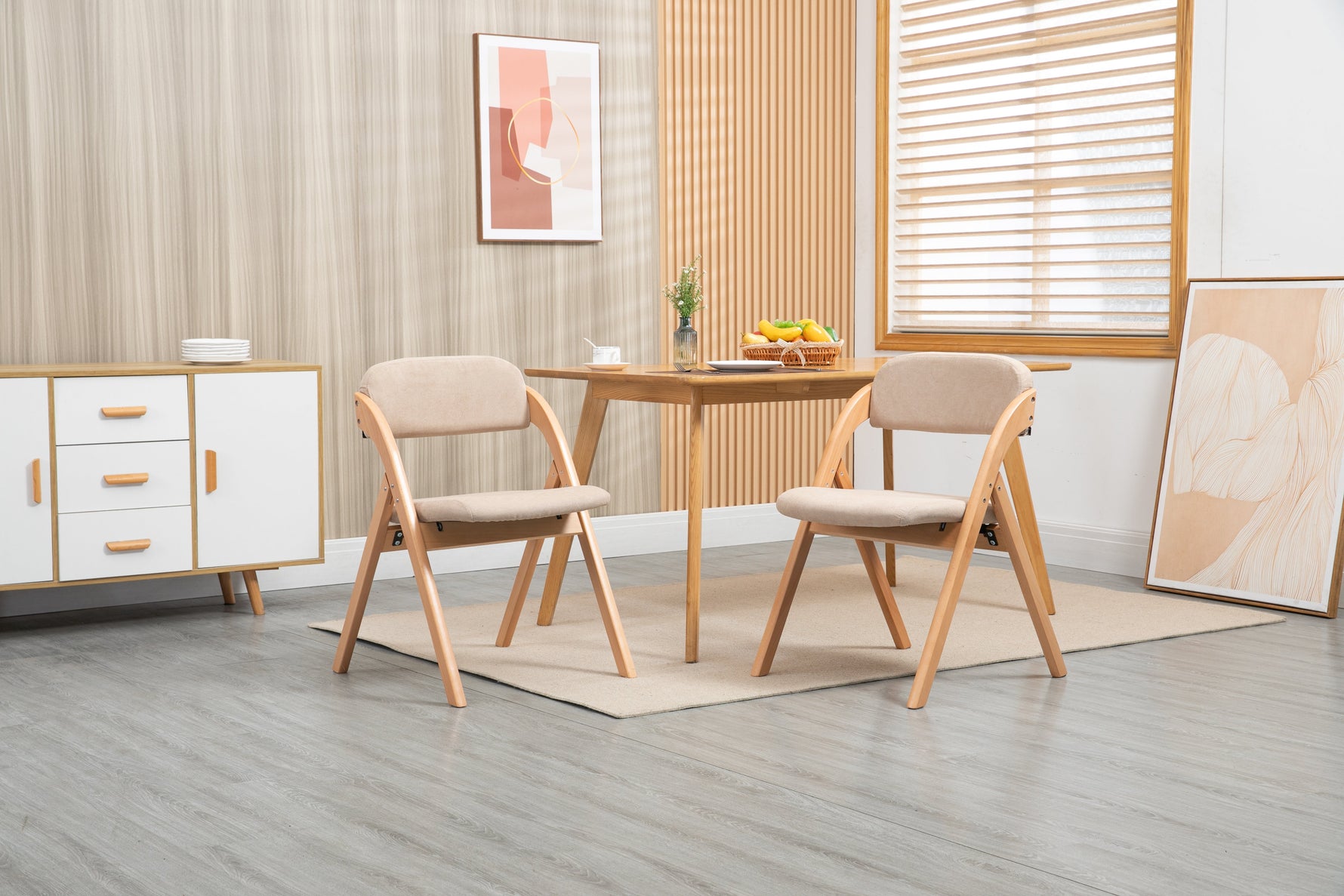 Folding Dining Chairs - Set of 2, Wooden Stackable, Padded Seats, Removable Cover - Khaki