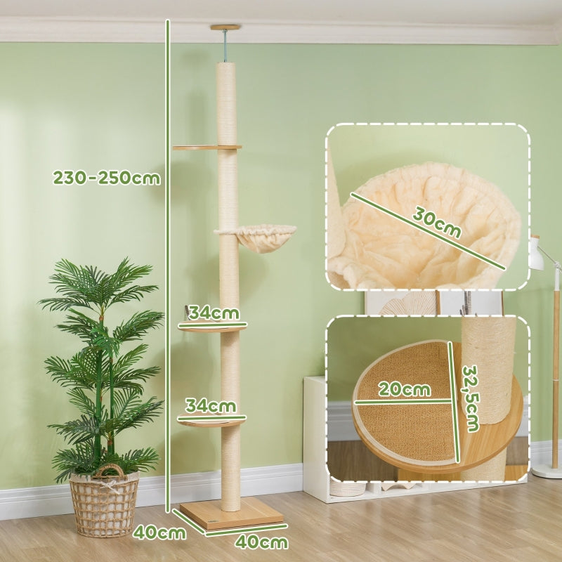 Cat Tree, Ceiling-High Sisal Rope Posts, Engineered Wood, Oak+Cream White