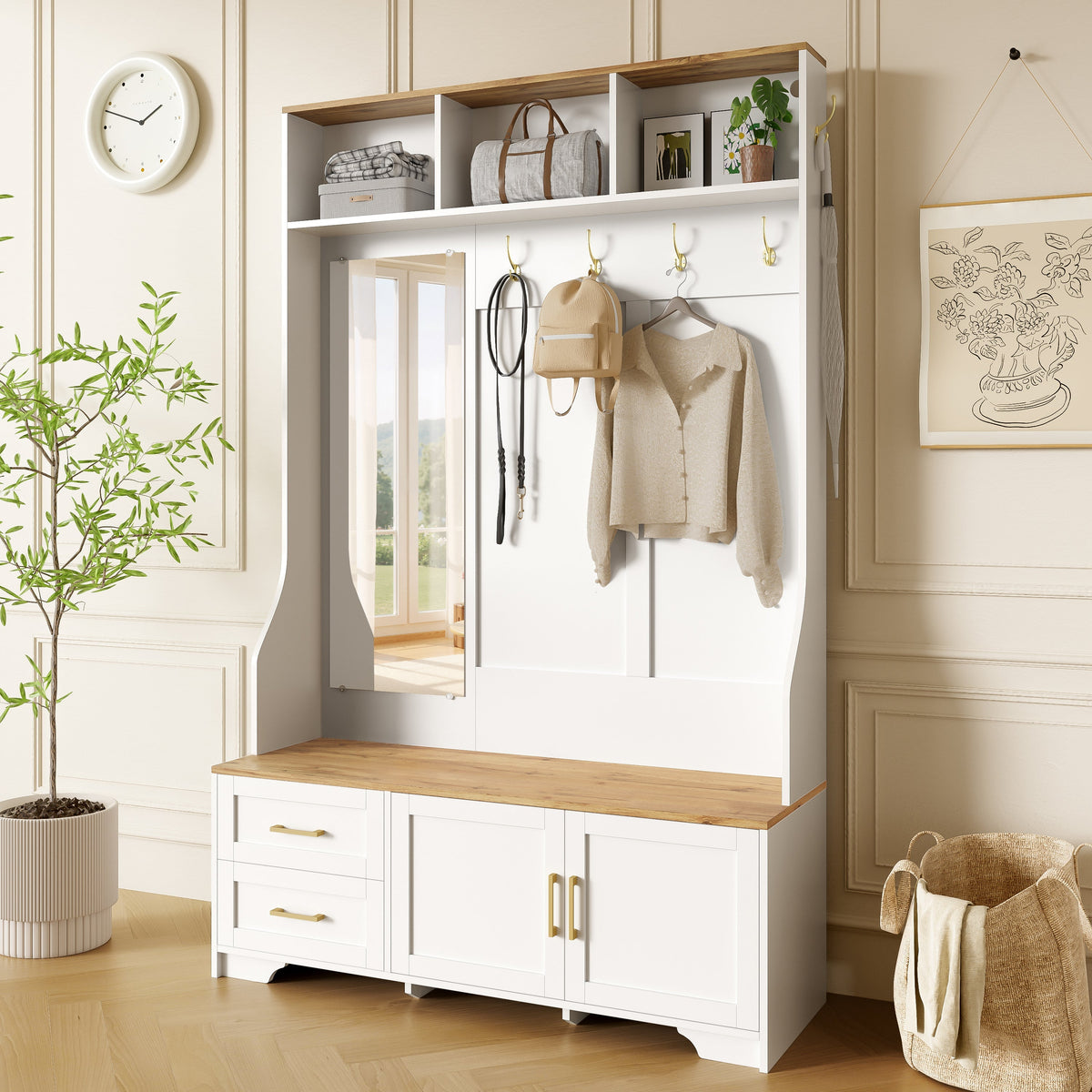 Hallway & Shoe Cabinet, LED, Mirror, Hooks, Drawers, Wood White