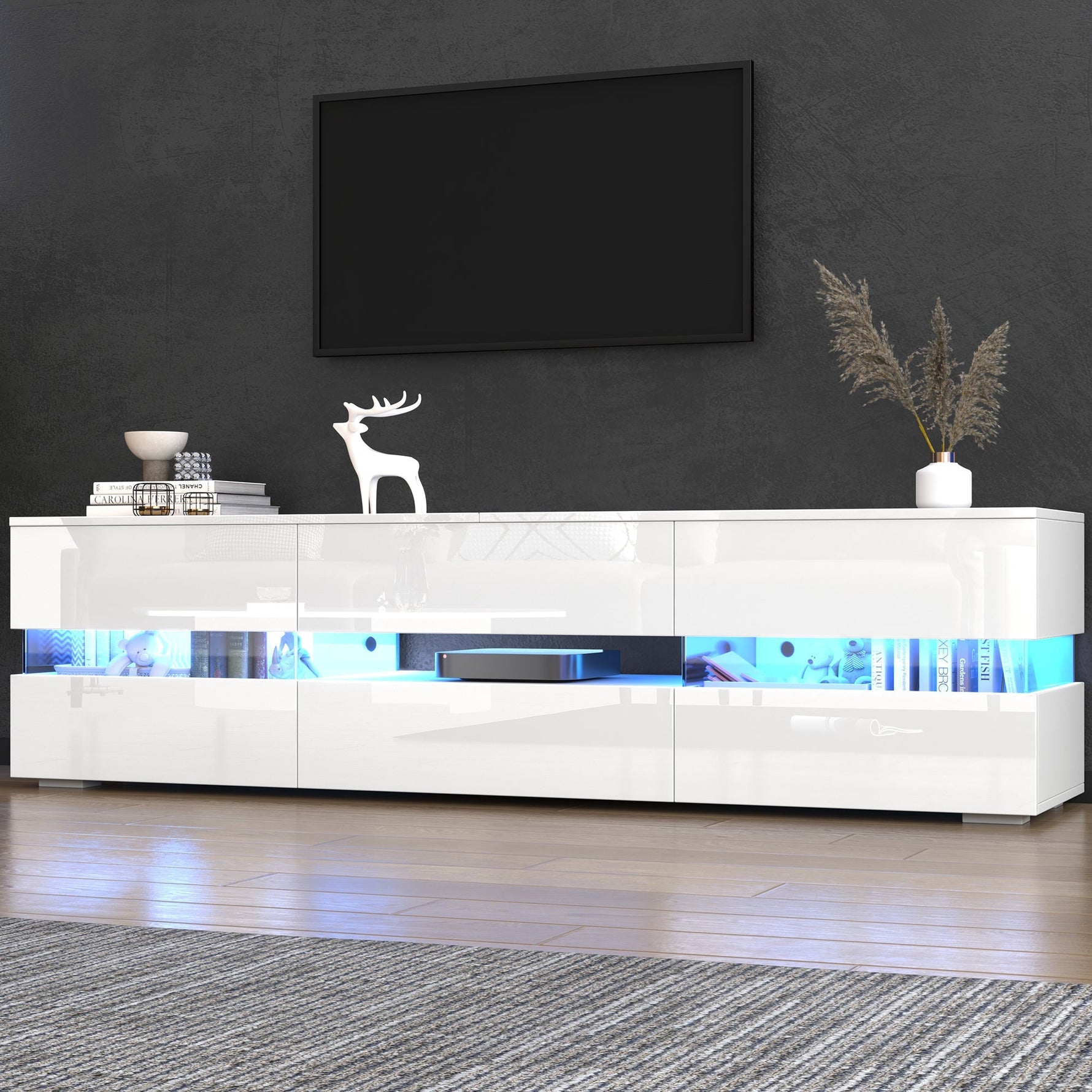 Modern TV Cabinet 160cm LED Storage for 70-inch TVs High-Gloss White