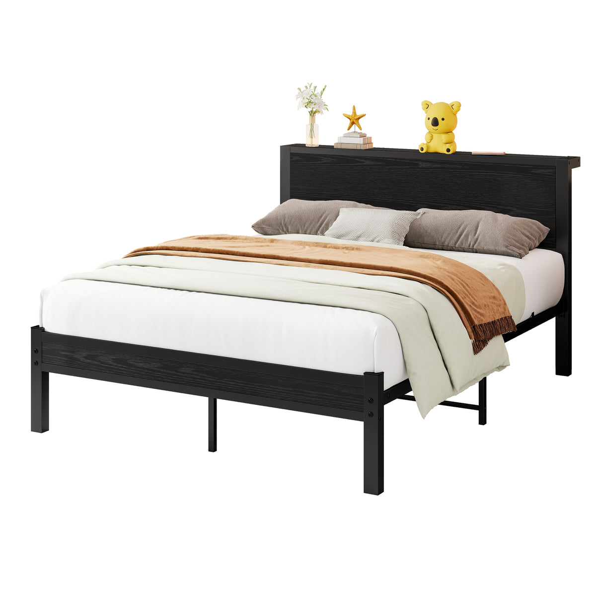 Single Metal Platform Bed Frame with Storage, 120x200cm, Vintage Black