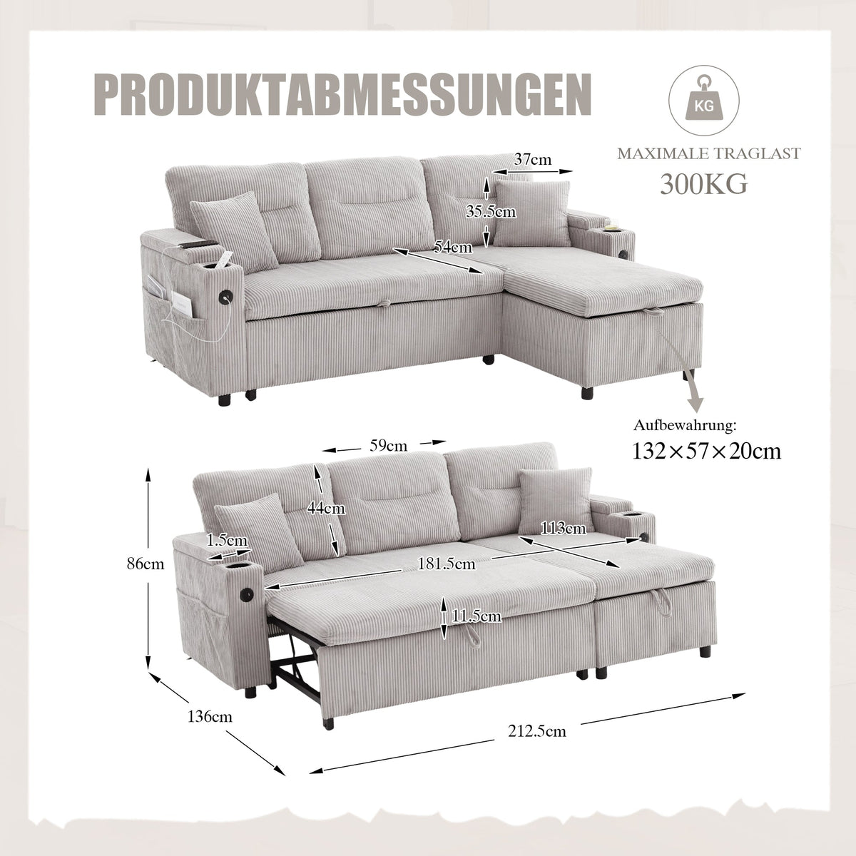 Modern 3-Seater Sofa with Storage, Cup Holders, USB-C and Pull-Out Bed, Corduroy