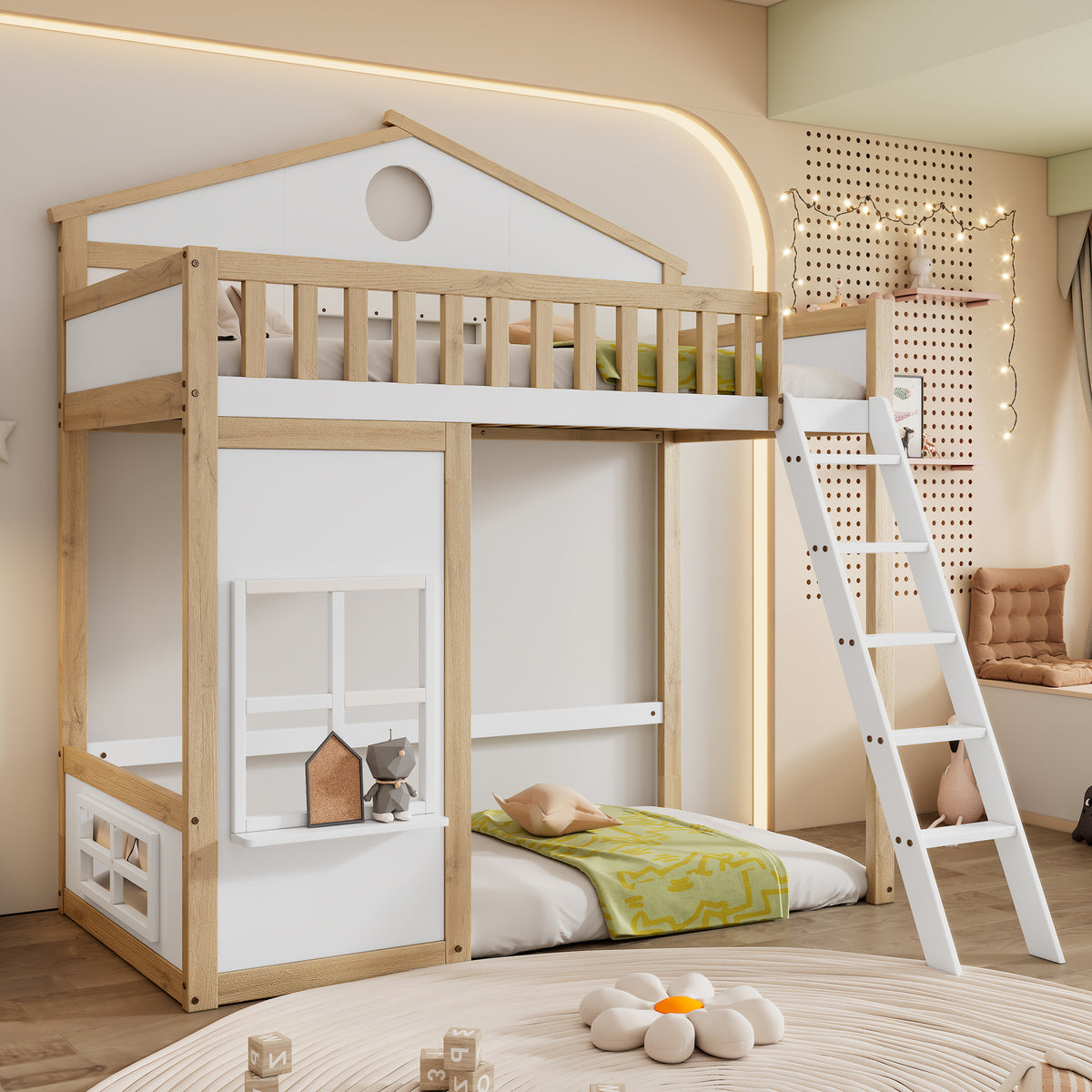 Bunk House Bed with Stairs & Roof 90x200cm, White & Natural