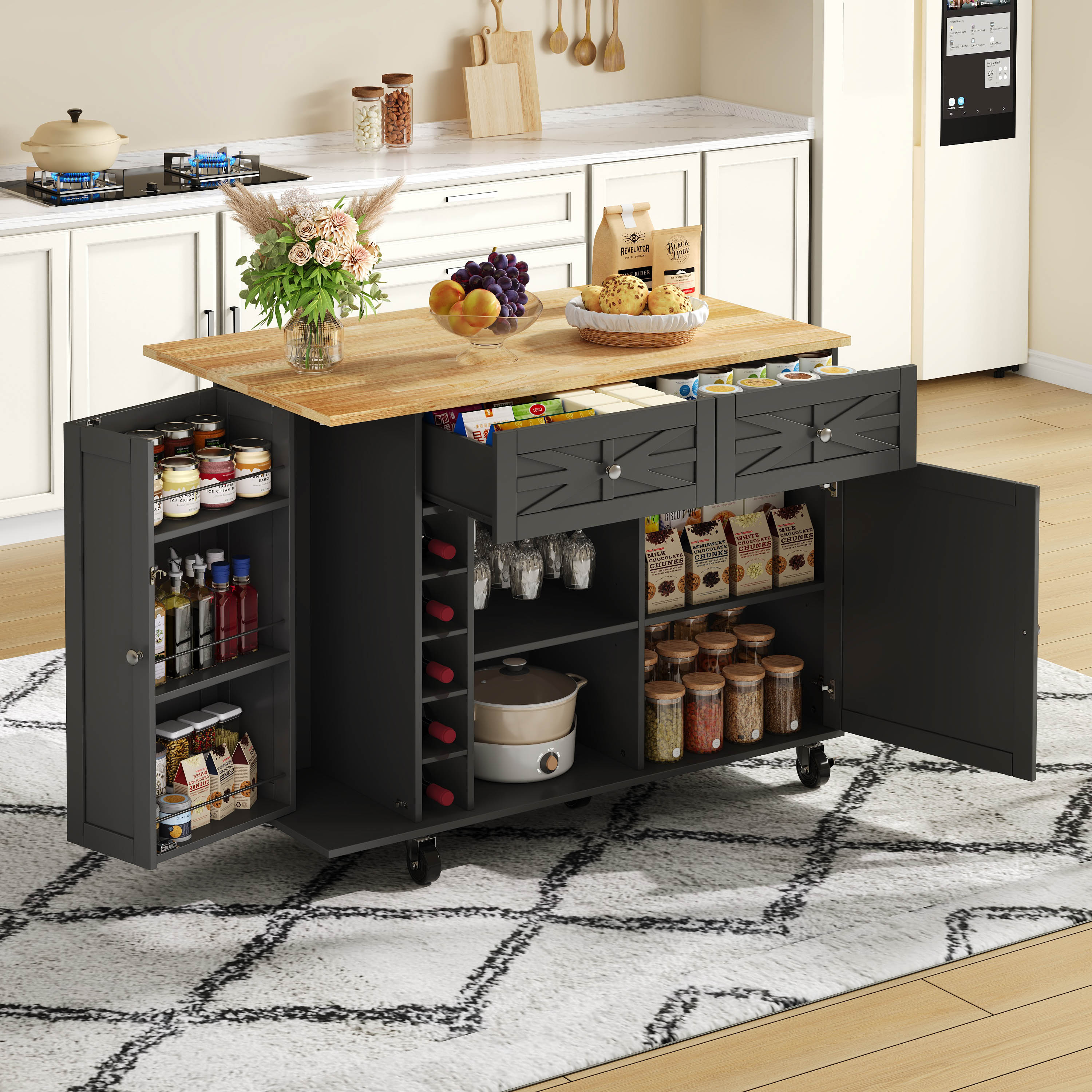 Kitchen Island Mobile Folding Worktop Wine Rack Storage - Black