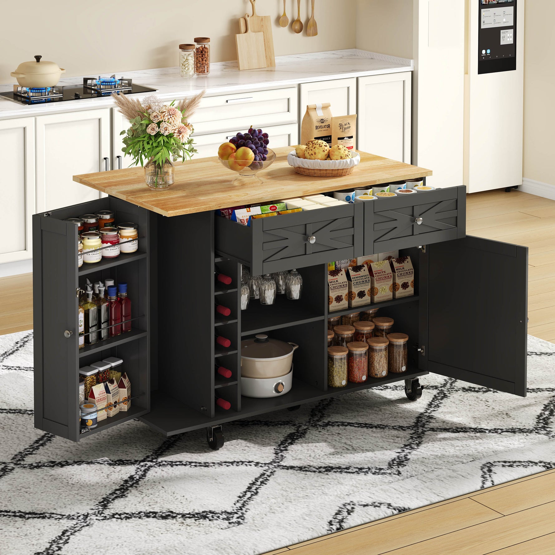 Kitchen Island Mobile Folding Worktop Wine Rack Storage - Black