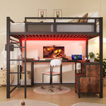 Metal Loft Bed 140x200cm with Desk, LED & Storage, Metal
