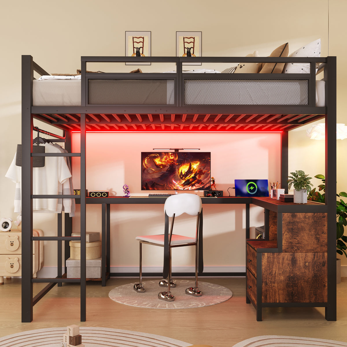 Metal Loft Bed 140x200cm with Desk, LED & Storage, Metal