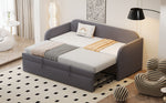 Upholstered Bed Pull-Out Sofa, Multifunctional with Slatted Frame, Grey Linen