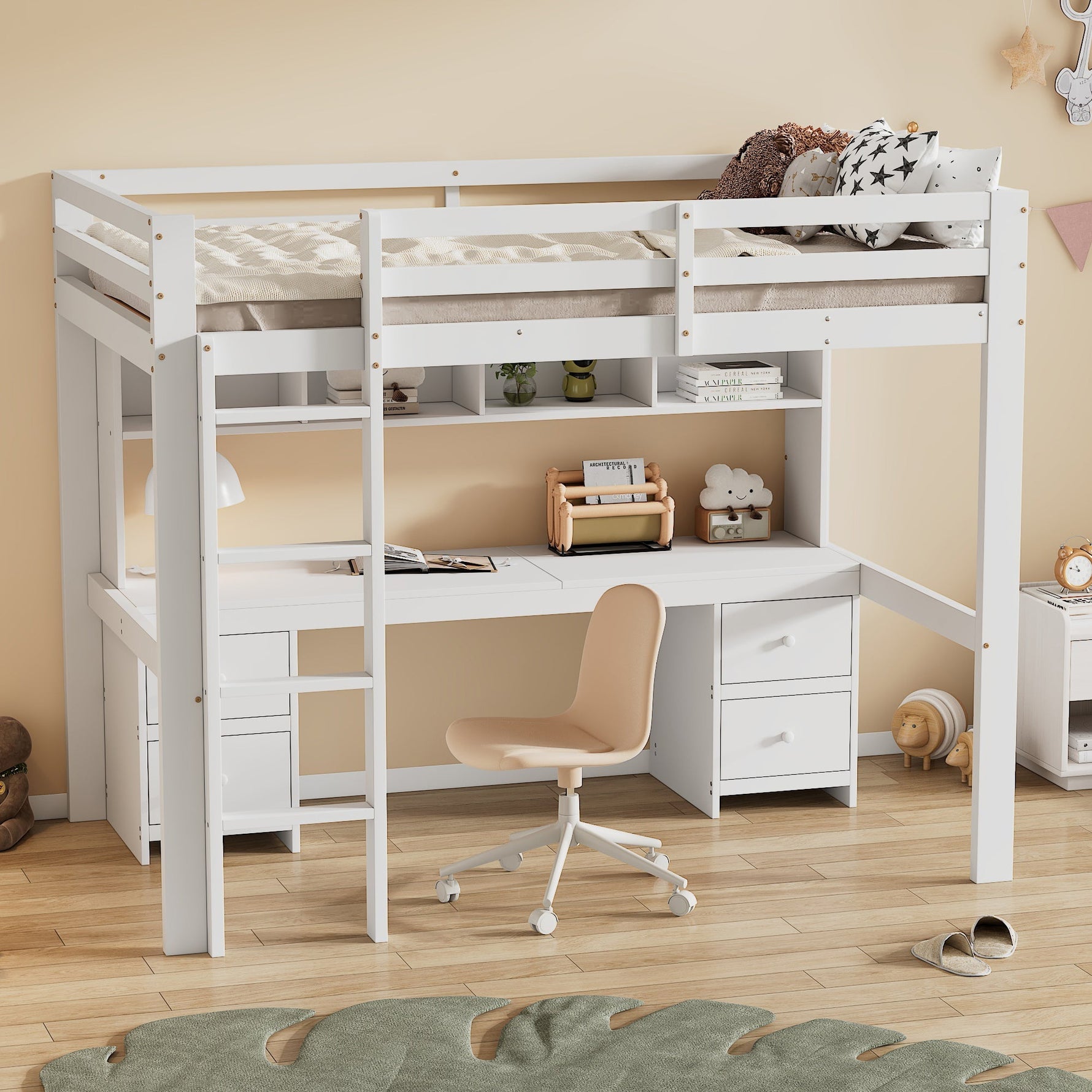Loft Bed for Children with Desk and Storage, 90x200cm, White Pine Wood