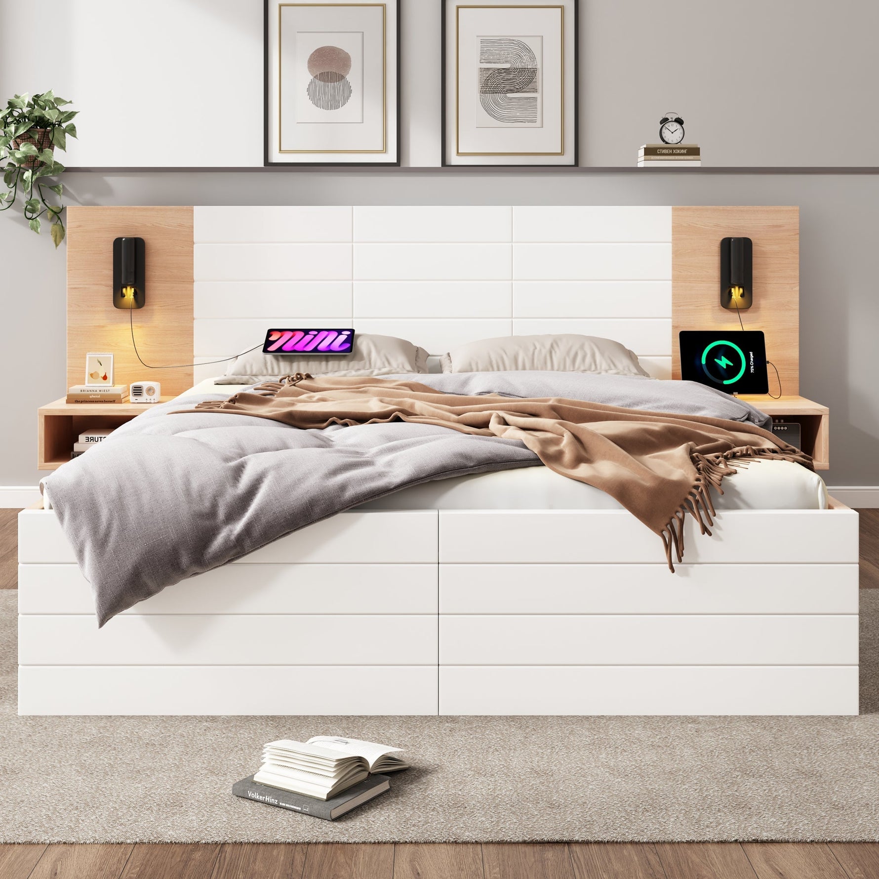 Double Wooden Bed, 180x200cm with 2 Drawers & USB Reading Light, Oak/White
