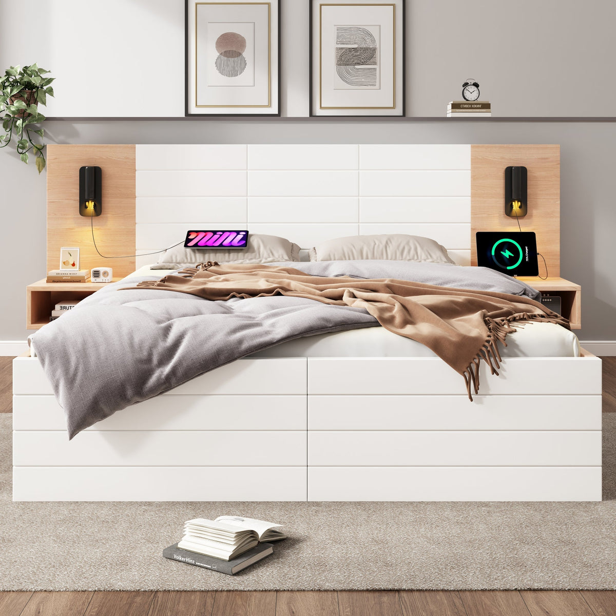 Double Wooden Bed, 160x200cm, 2 Drawers, USB, Oak/White