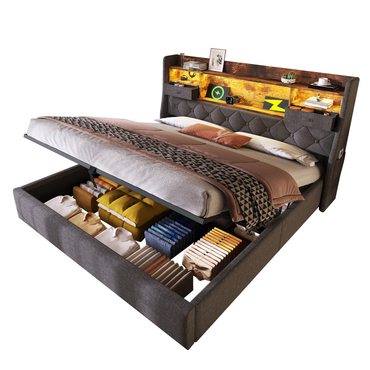 Upholstered Bed 180x200cm Hydraulic Storage LED Headboard 4 Charging Stations Linen Fabric Grey