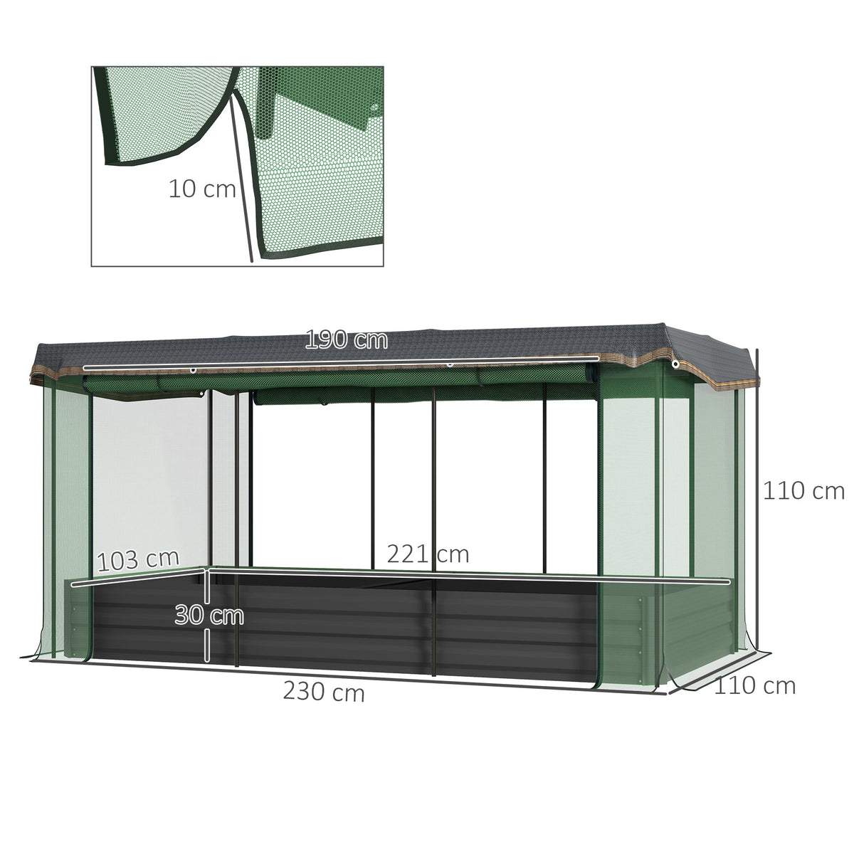 Raised Garden Bed, Steel, Bird Netting, 230x110x110cm, Dark Grey