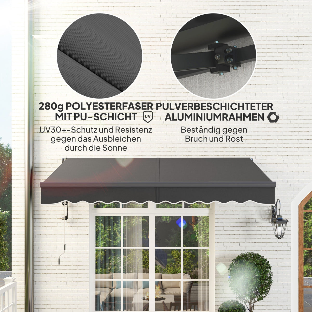 Clamp Awning, Hand Crank, Height Adjustable, UV 30+, Dark Grey