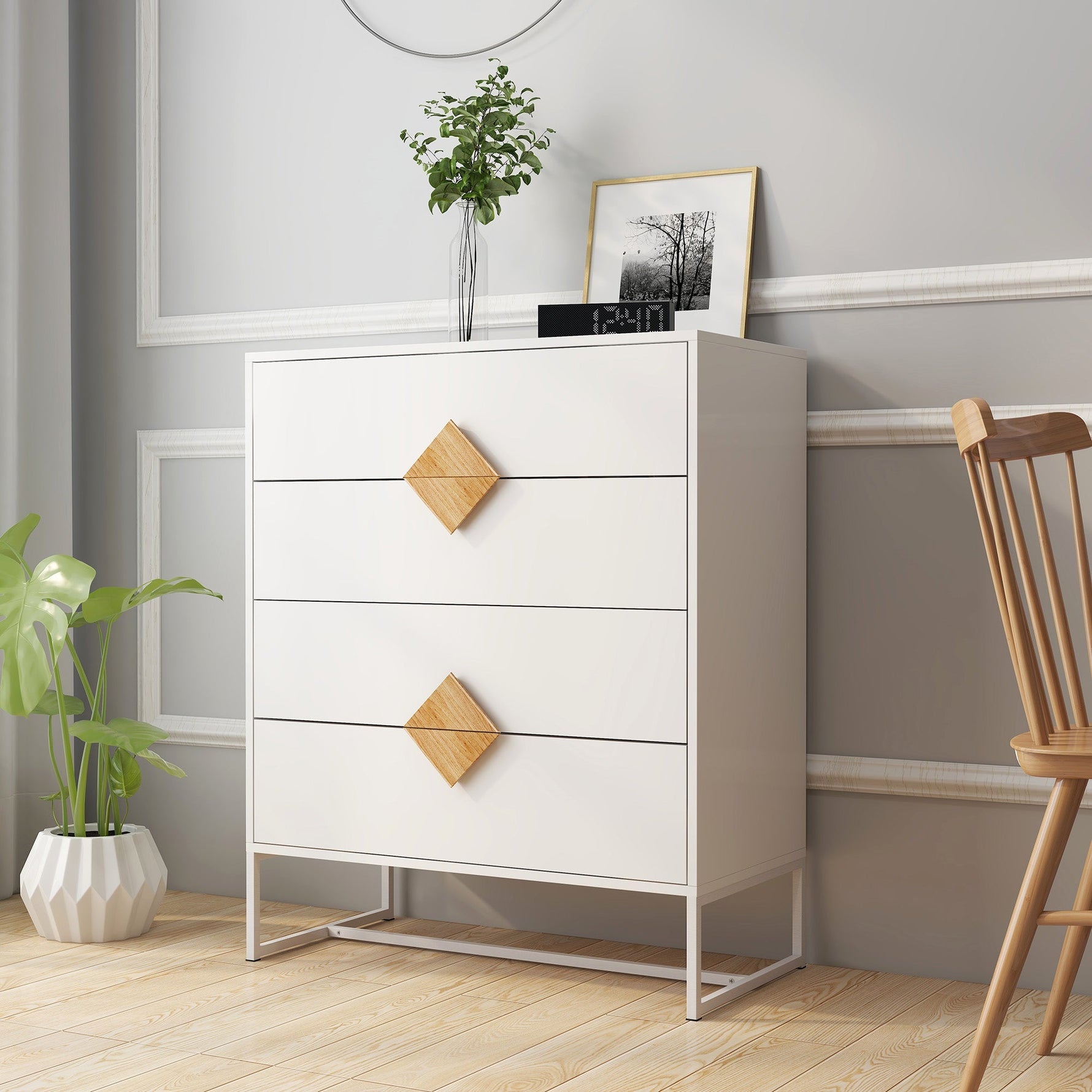 Solid Wood Dresser, 4 Drawers Special Shape Handle, Solid Wood