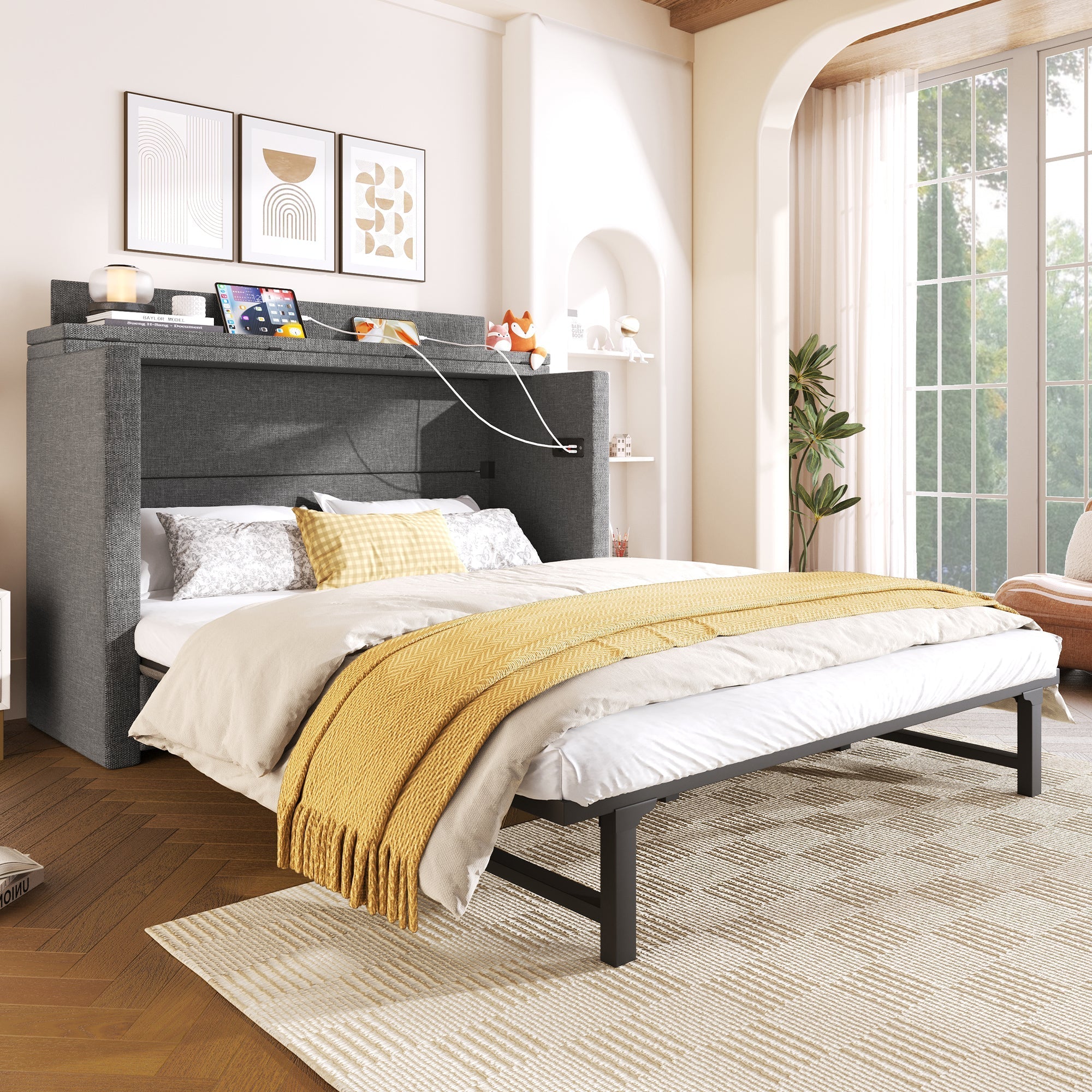 Mobile Murphy Bed with Storage and USB Ports, 140 x 200 cm, Grey Linen