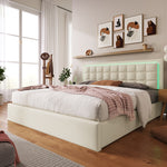 Upholstered Storage Bed 180x200cm with LED, White Faux Leather