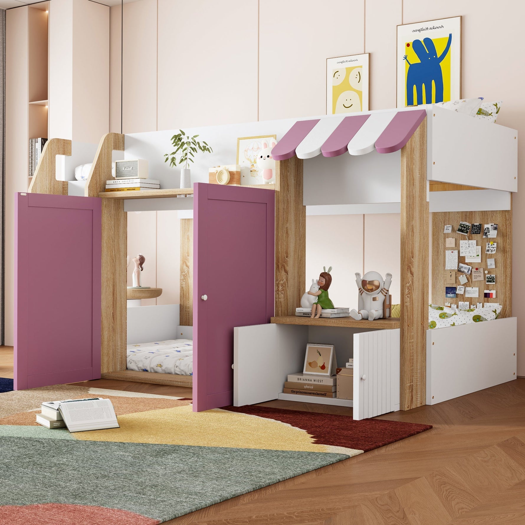 Children's House Bed Mid-Height 90x200 Storage Climbing Ladder - White/Pink Wood