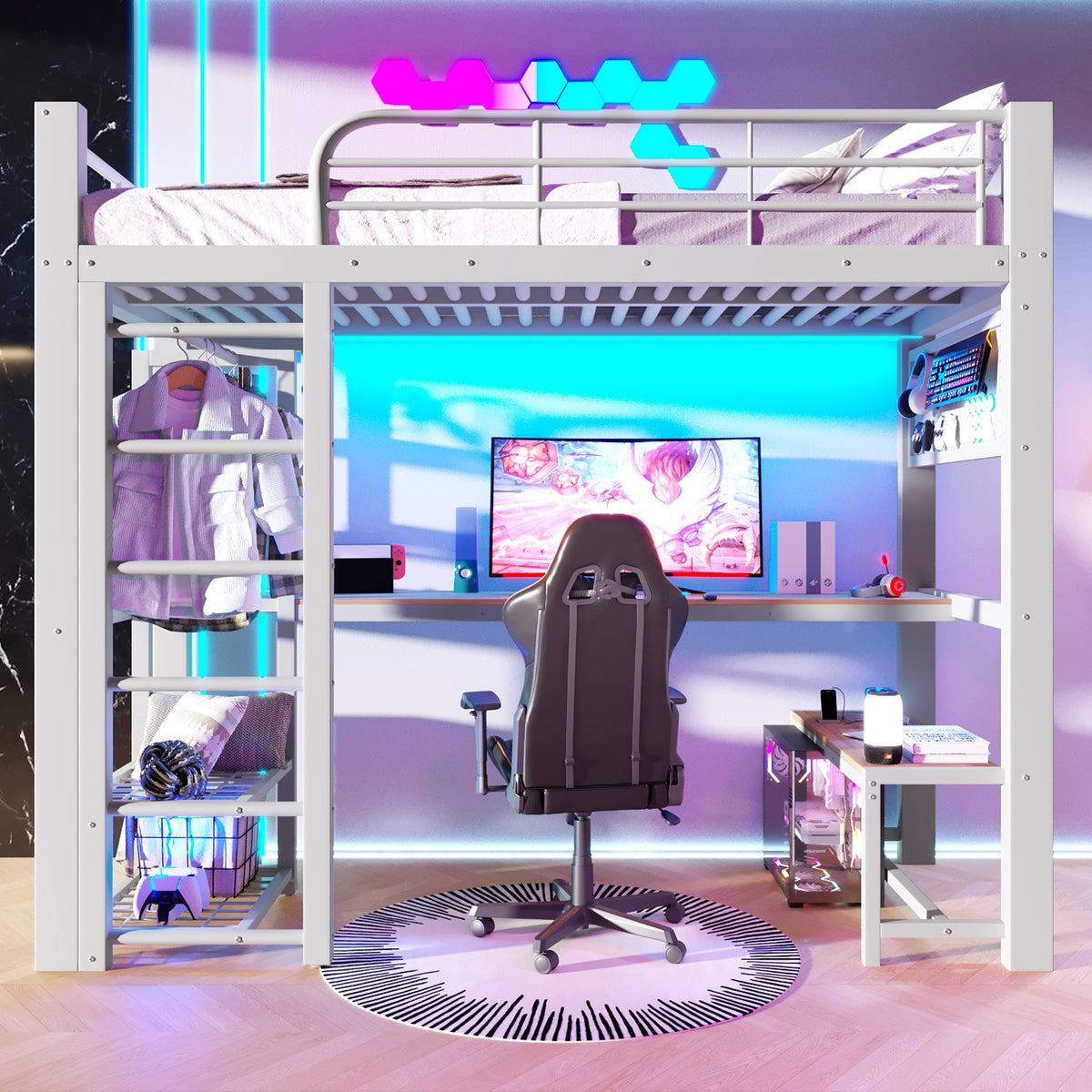 Loft Bed 90x200cm with LED Light & Storage Stairs, White Metal