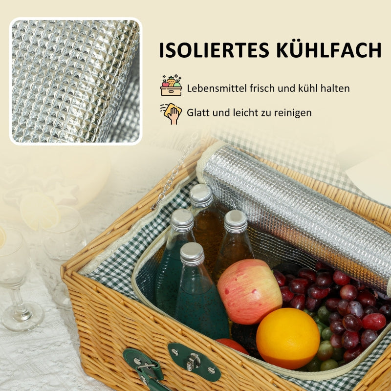 Picnic Basket, Insulated Cooler Compartment, Cutlery Set, Wicker Light Brown