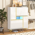 Modern Shoe Cabinet with 16-Color LED Light, White High-Gloss