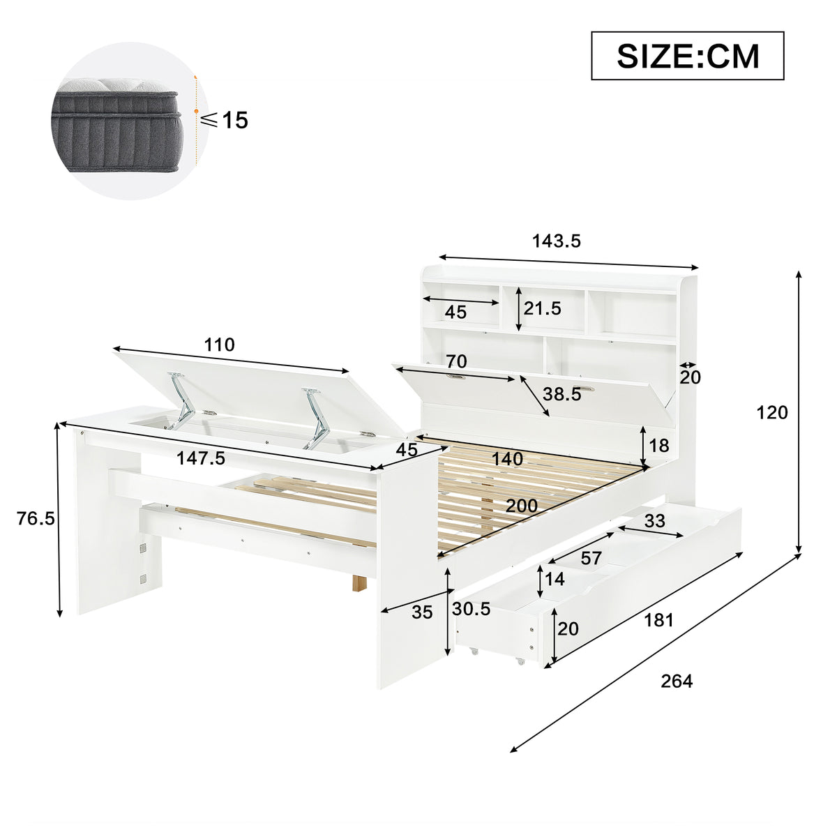 Children's Bed 140x200cm with Storage & Desk in White Wood