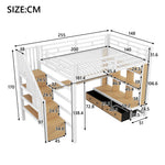 Metal Loft Bed 140x200 with Desk, Shelves & Storage - White