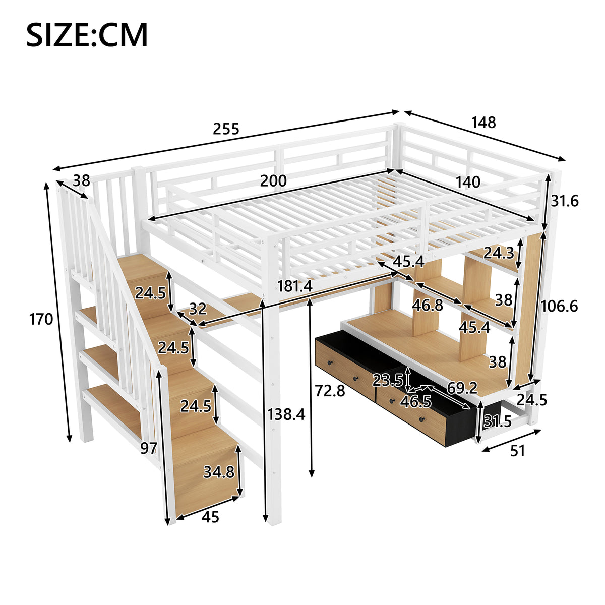 Metal Loft Bed 140x200 with Desk, Shelves & Storage - White