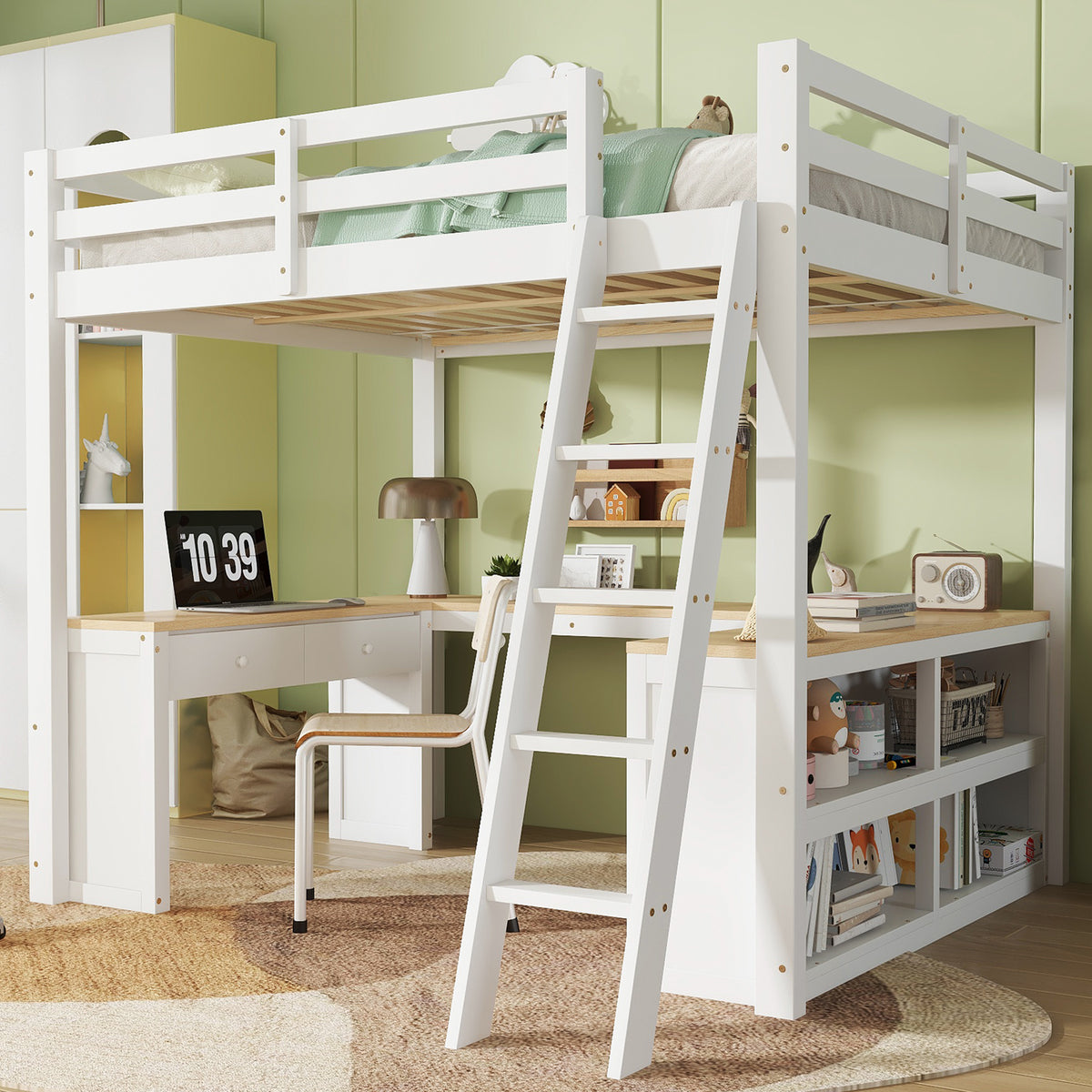 Loft Bed with U-Shaped Desk & Drawers 140x200cm - White & Natural