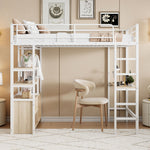 Loft Bed 90x200cm with Desk, USB/Power Outlet, Shelves & Storage - White Iron Frame