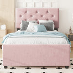 Upholstered Bed 90x200cm with Slatted Base and Rolling Storage, Pink Velvet